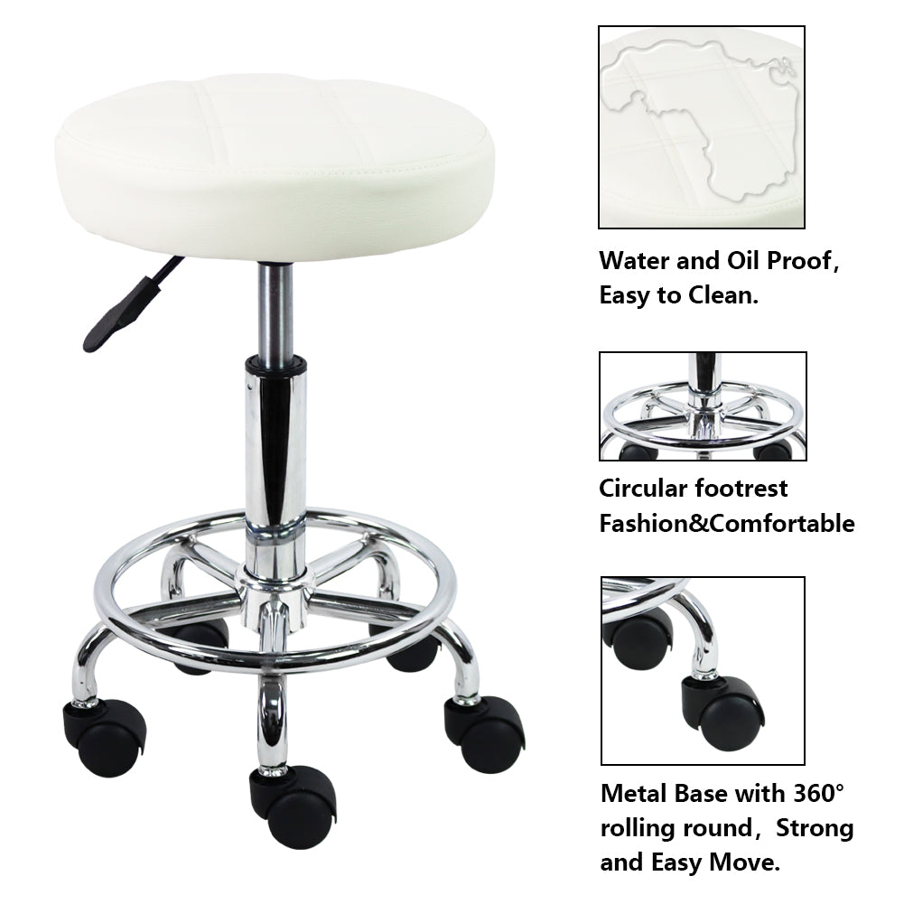 KKTONER Round Rolling Stool Chair PU Leather Height Adjustable Swivel Drafting Stools with Wheels Small (White)