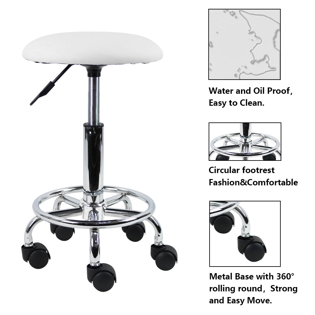 KKTONER Swivel Rolling Stool with Footrest Height Adjustable PU Leather Salon Vanity Spa Massage Office Stool Chair Small (White)