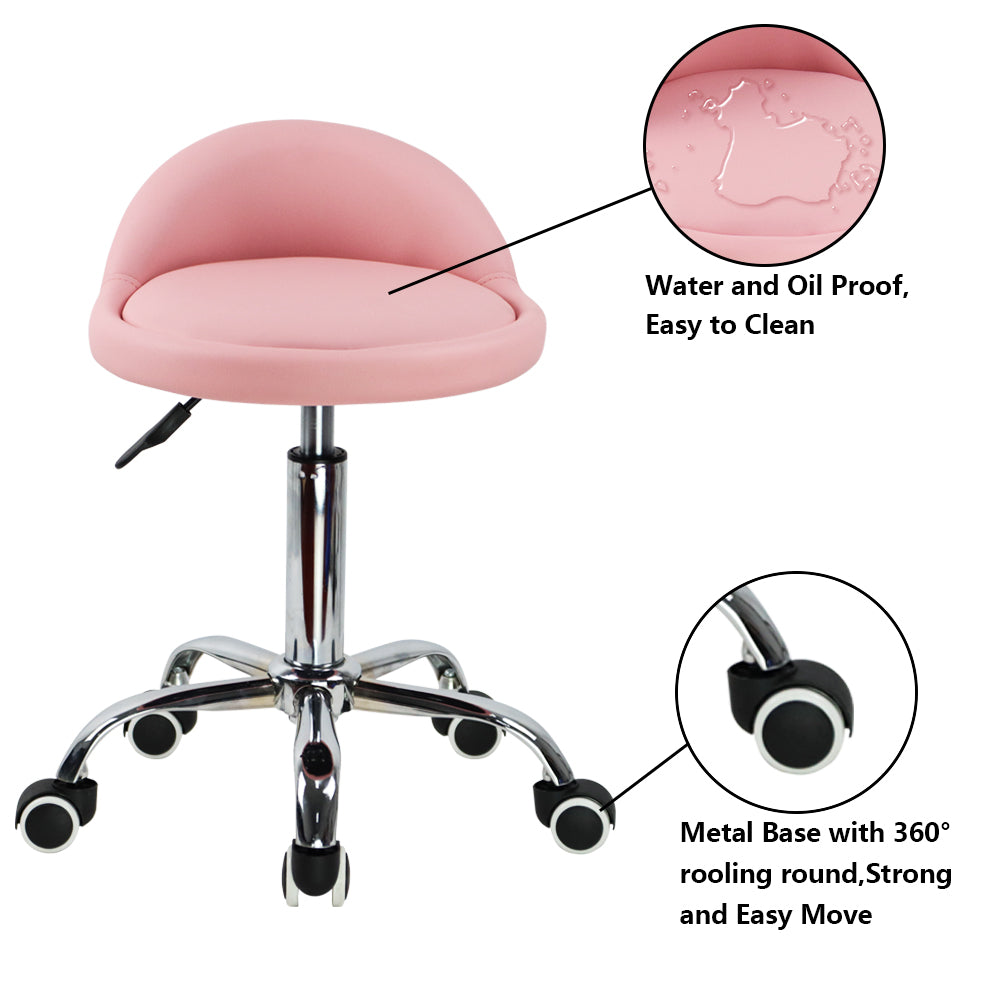 KKTONER PU Leather Rolling Stool with Low Backrest Desk Chair Home Office stool PINK