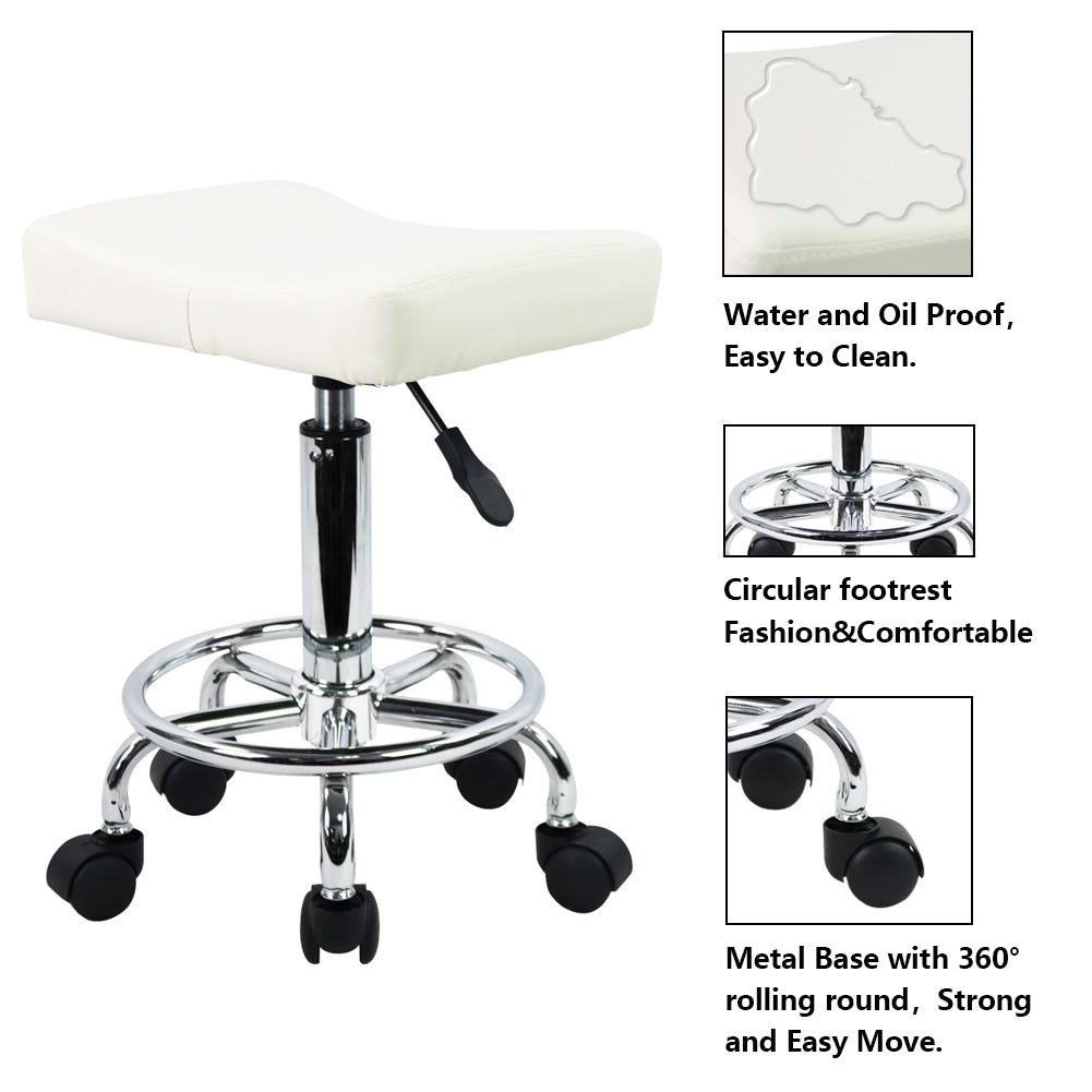 KKTONER Square Rolling Stool PU Leather Height Adjustable Swivel Massage SPA Salon Stools Task Chair with footrest Small (White)