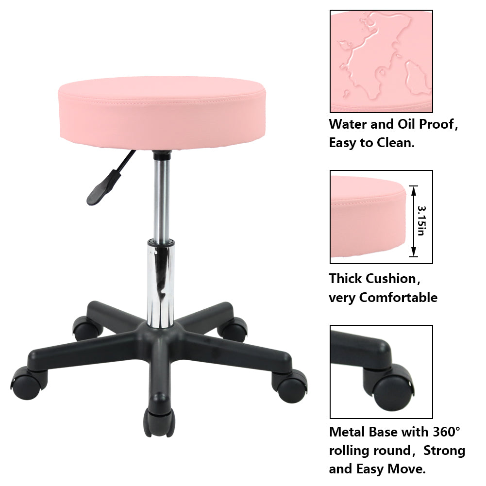 KKTONER Round Rolling Stool PU Leather Height Adjustable Swivel Work SPA Medical Salon Stool Pink