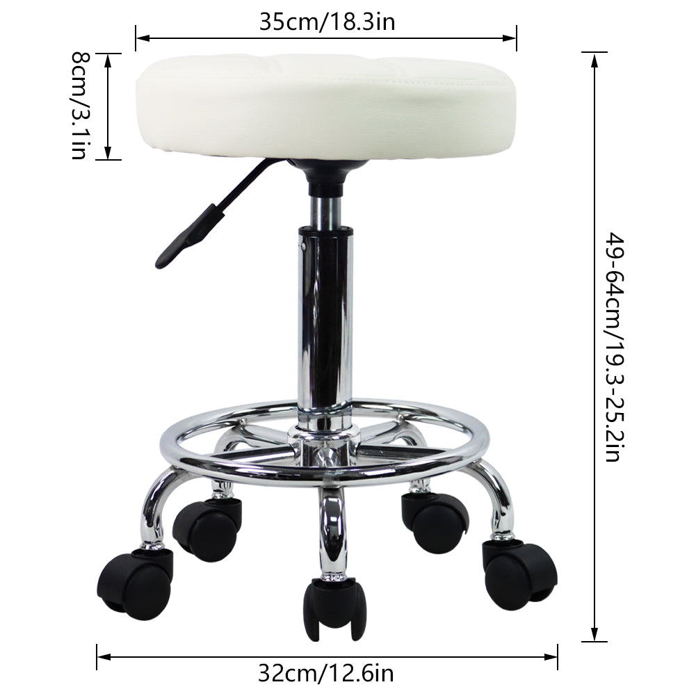 KKTONER Round Rolling Stool Chair PU Leather Height Adjustable Swivel Drafting Stools with Wheels Small (White)