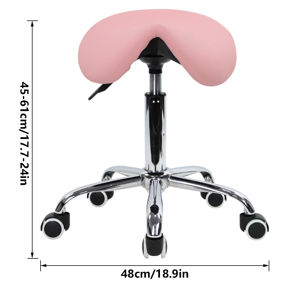 KKTONER Rolling Saddle Stool PU Leather Swivel Adjustable Rolling Stool with Wheels Salon Chair (Pink)