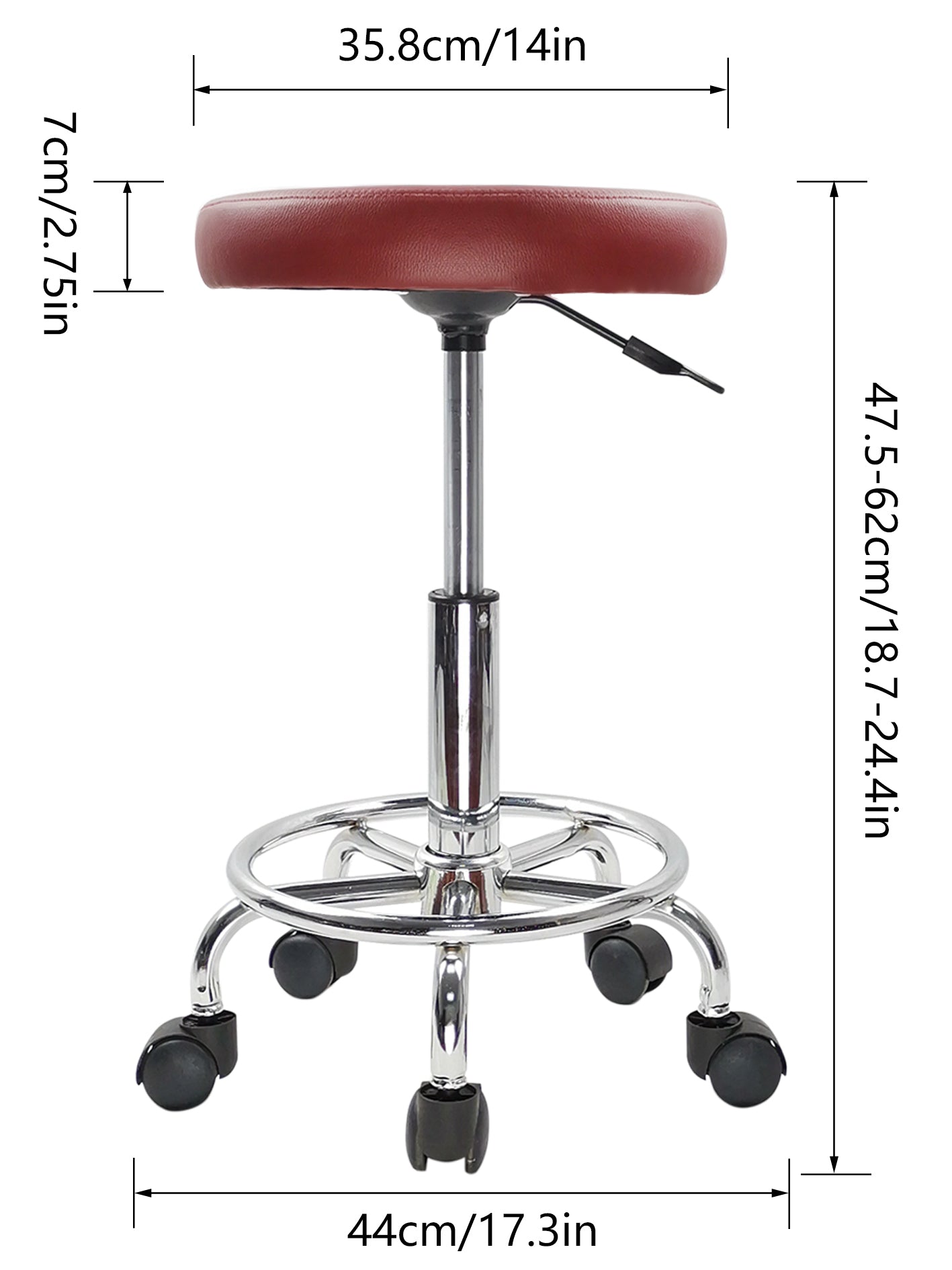 KKTONER PU Leather Round Rolling Stool with Foot Rest Swivel Height Adjustment Tattoo Stools Red