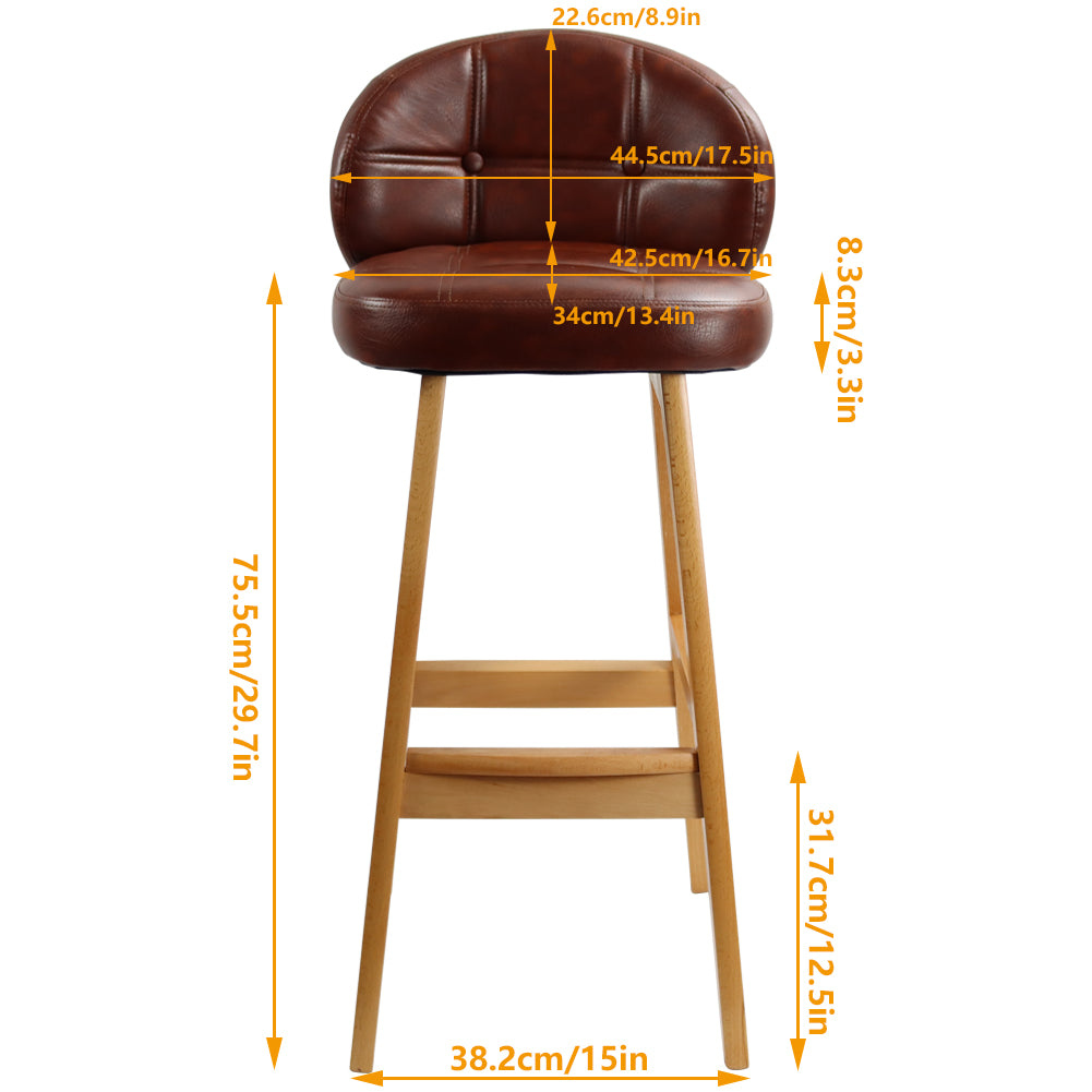 KKTONER PU Leather Bar Stool Retro Solid Wood Industrial Style Kitchen Stool Pub Chair Counter Stool with Low Back (Brown)