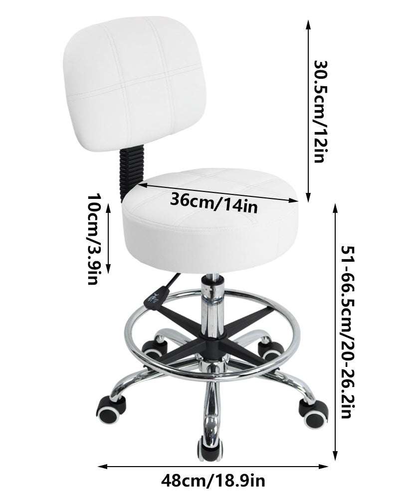 KKTONER Swivel Round Rolling Stool PU Leather with Adjustable Footrest Height Adjustable Task Work Drafting Chair with Back White