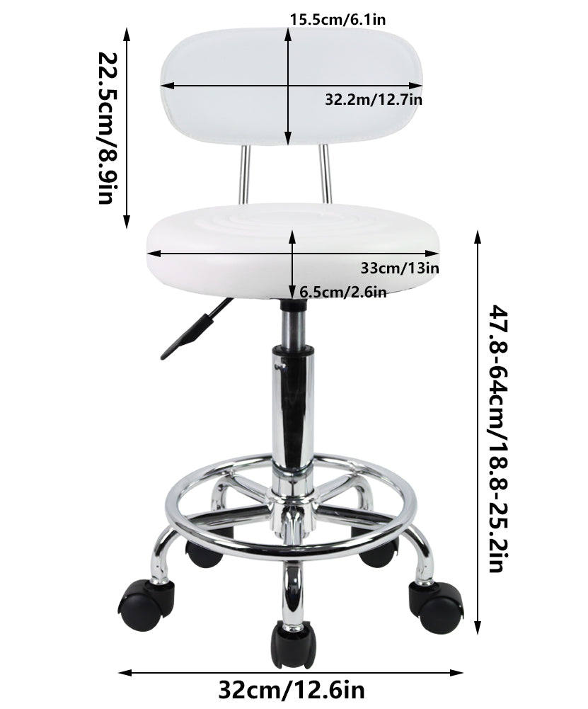 KKTONER Small PU Leather Modern Rolling Stool with Low Back Height Adjustable Work Salon Drafting Swivel Task Small Chair with Footrest (White)