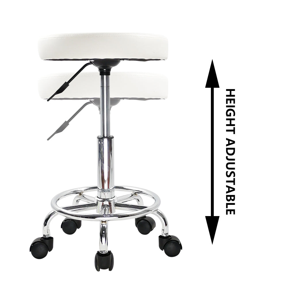 KKTONER PU Leather Round Rolling Stool with Foot Rest Swivel Height Adjustment Tattoo Stools White