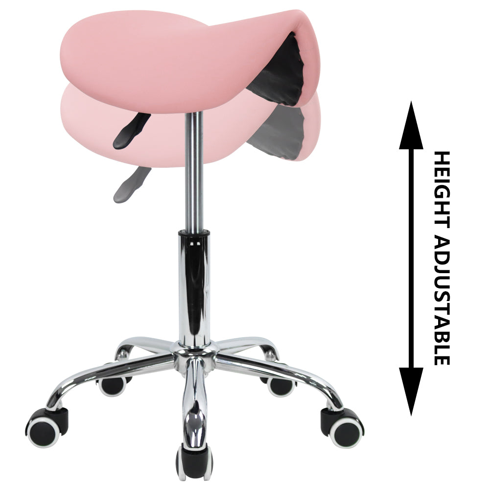 KKTONER Rolling Saddle Stool PU Leather Swivel Adjustable Rolling Stool with Wheels Salon Chair (Pink)