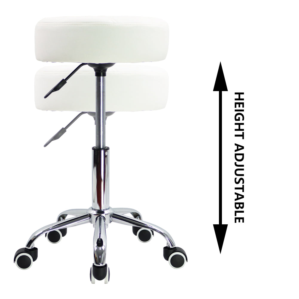 KKTONER Round Rolling Stool PU Leather Height Adjustable Swivel Salon Stools with Wheels White