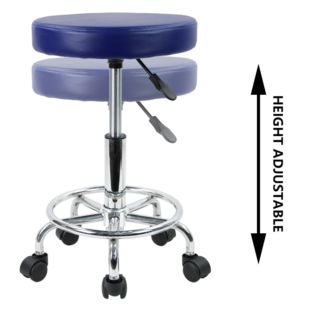 KKTONER PU Leather Round Rolling Stool with Foot Rest Swivel Height Adjustment Tattoo Stools Blue