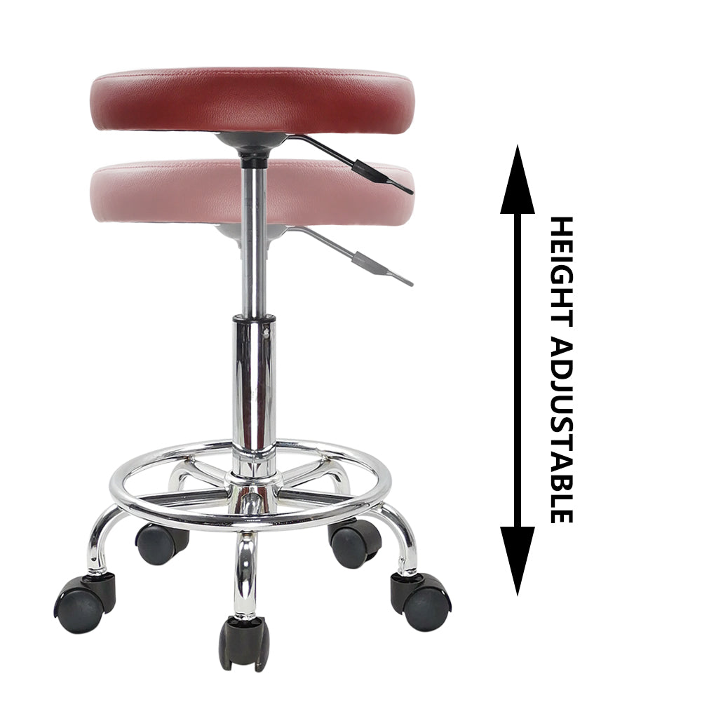 KKTONER PU Leather Round Rolling Stool with Foot Rest Swivel Height Adjustment Tattoo Stools Red